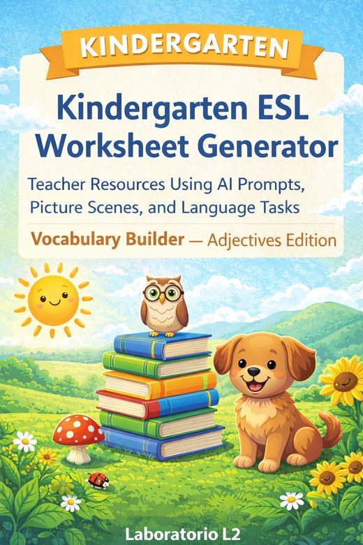 Cover: Kindergarten ESL Worksheet Generator — Adjectives Edition